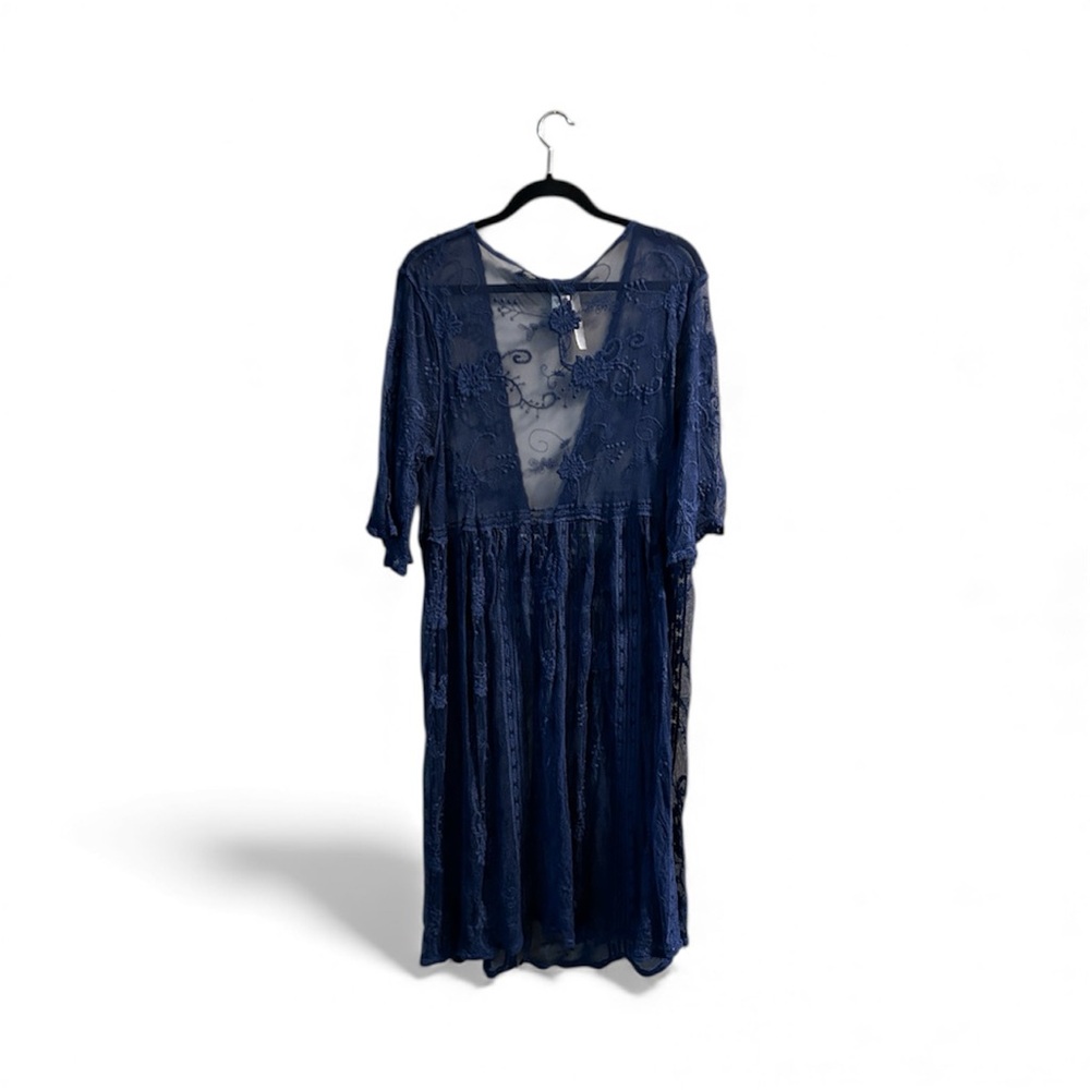 Plus Size Deep Blue Sheer Lace Kimono